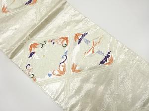 アンティーク　斜め格子に向かい鶴・桐唐草模様織り出し袋帯（着用可）